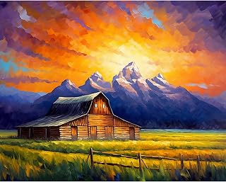 Tucocoo DIY Paint by Number for Adults, Grand Teton Mountains Digital Oil Painting Kits on Canvas with Brushes and Acrylic Pigment Sunrise Natural Landscape Picture for Home Decor 16x20inch Frameless