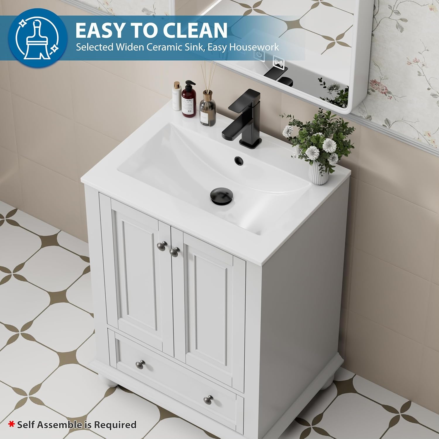 Top-down view of the white ceramic sink with a black faucet, highlighting its clean surface.