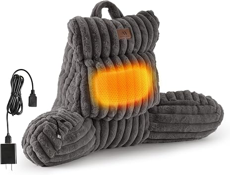 Amelie Home Heated Faux Fur Reading Pillow 3 Temperature Backrest for Sitting in Bed Support Cushion, USB-PoweredNo Power Bank Included Warming 113F-131F, 3H Auto Shutoff, Grey, 18 Inches