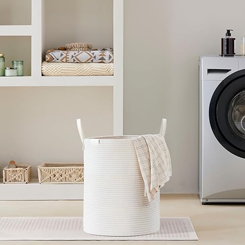 Miniatura 7 de VIPOSCO Cesta alta para ropa sucia, cesta grande para ropa sucia con mango de cuero, cesta de almacenamiento de cuerda tejida para manta, juguete en