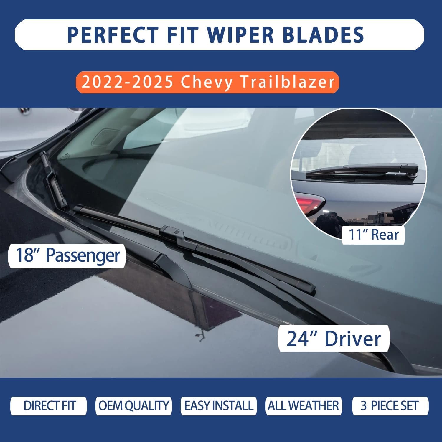Windshield Wiper Blades for Chevy Trailblazer 2022 2023 2024 2025 - Complete Set Front & Rear (24"+18"+11") Premium Beam Wipers