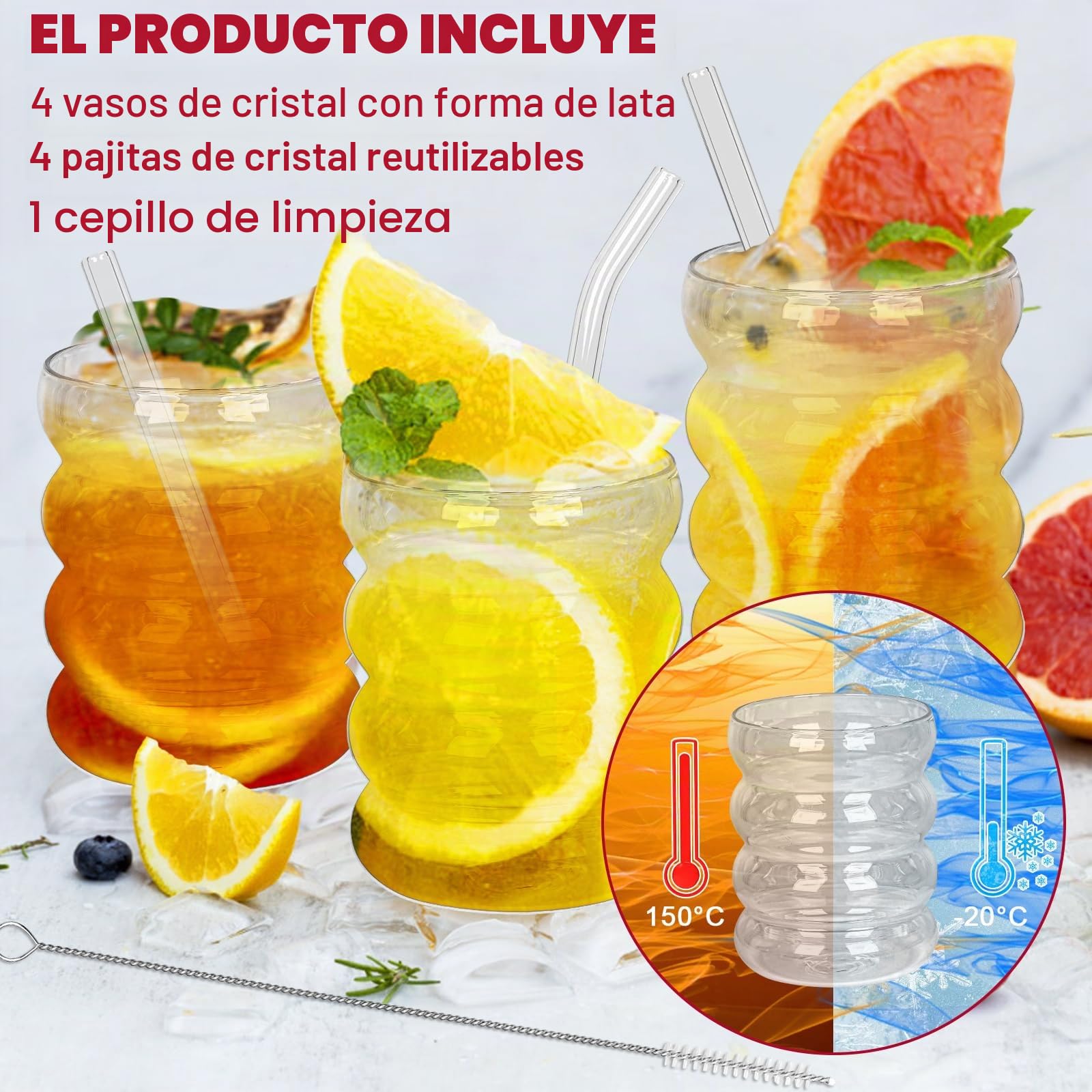 Vasos acanalados, 4 vasos de café, vasos de burbuja de 350 ml, juego de vasos acanalados, vasos universales con pajitas de cristal y cepillos para cócteles, leche, refrescos, café