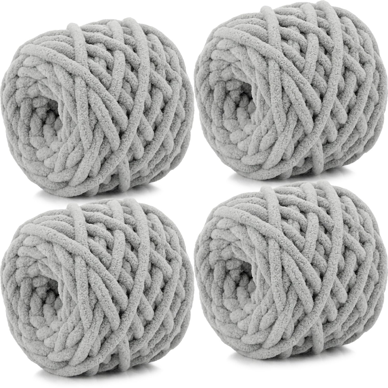 Xtrillogen Chunky Chenille Yarn 4 x 100g Balls,Soft Fluffy Multicolor Plush Wool for Crochet & Knitting Soft Thick Chunky Yarn Crochet Yarn for Blankets,Hats,Cushions(Light Gray)