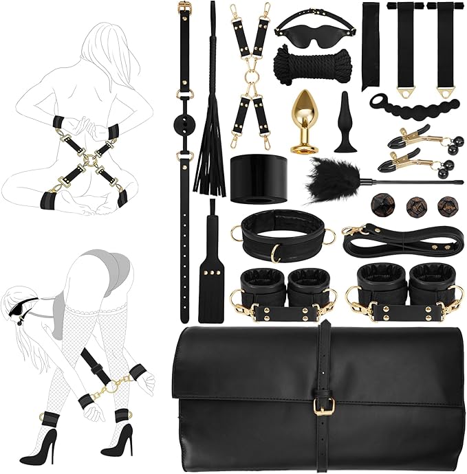 Sex Bondage Restraints Kit BDSM - 21PCS Leather Handcuffs Ankle Cuffs Furniture Restraint Accessories with Storage Bag Adult Sex Toys for Men Women Couples Foreplay | Blackt 