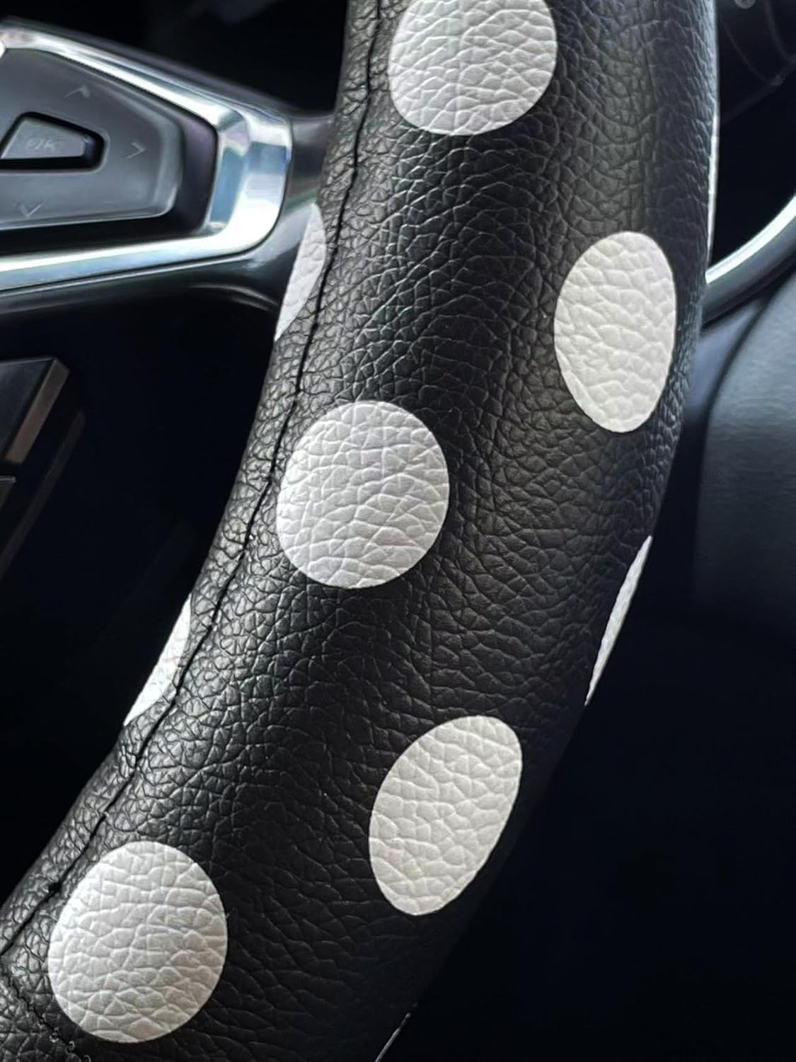 Dotesy Leather Auto Steering Wheel Cover, Fashion Flag Style Car Steering Wheel Cover Protector Universal for 36.5-38cm (Black Dots)