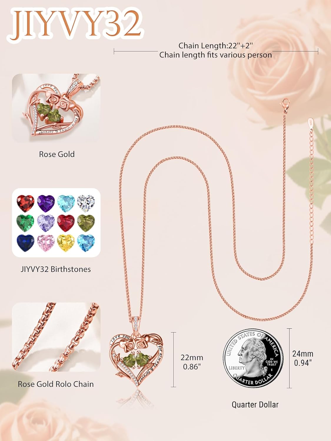 Rose Heart Valentines Necklaces for Women,Rose Gold Forever Love Jewelry with 2 Birthstones Pendant,Valentines Anniversarry Birthday Gifts for Her Wife Mom Grandma Daughter, 18+2 Inch Chain - Image 5