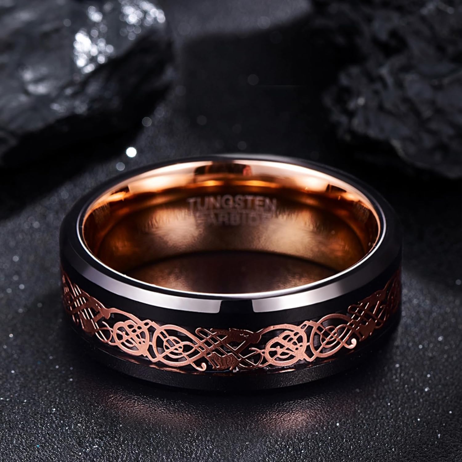 Rose Gold & Black Celtic Dragon Tungsten Ring for Men - Engraved Wedding Band Hypoallergenic Mens Jewelry Gifts - Image 3