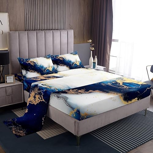 Erosebridal Juego de sábanas de mármol azul y blanco dorado, tamaño Queen, juego de sábanas con textura de mármol retro para niños y niñas, sábanas