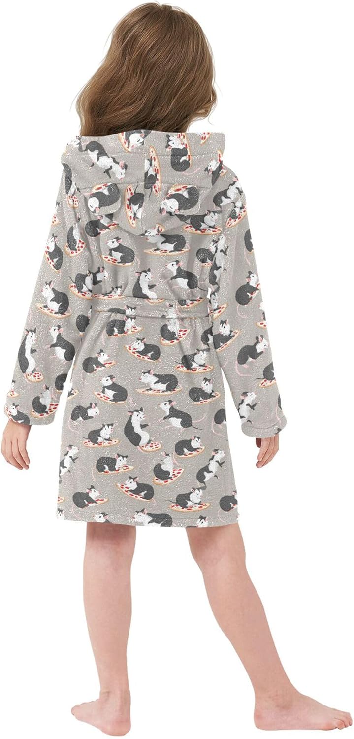 Pizza Opossum Food Rat Bathrobe Hooded PJ Robe Plush Fleece Robe Pajama Sleepwear 2-12 Years
