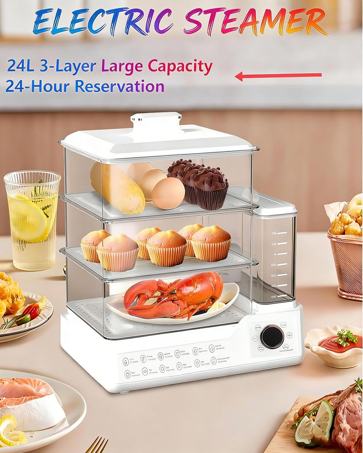 24L Electric Food Steamer 3 Tier Stainless Steel Commercial Steamer, Large Capacity Breakfast Machine with Detachable Water Tank and Timer, for Home Restaurant Party White