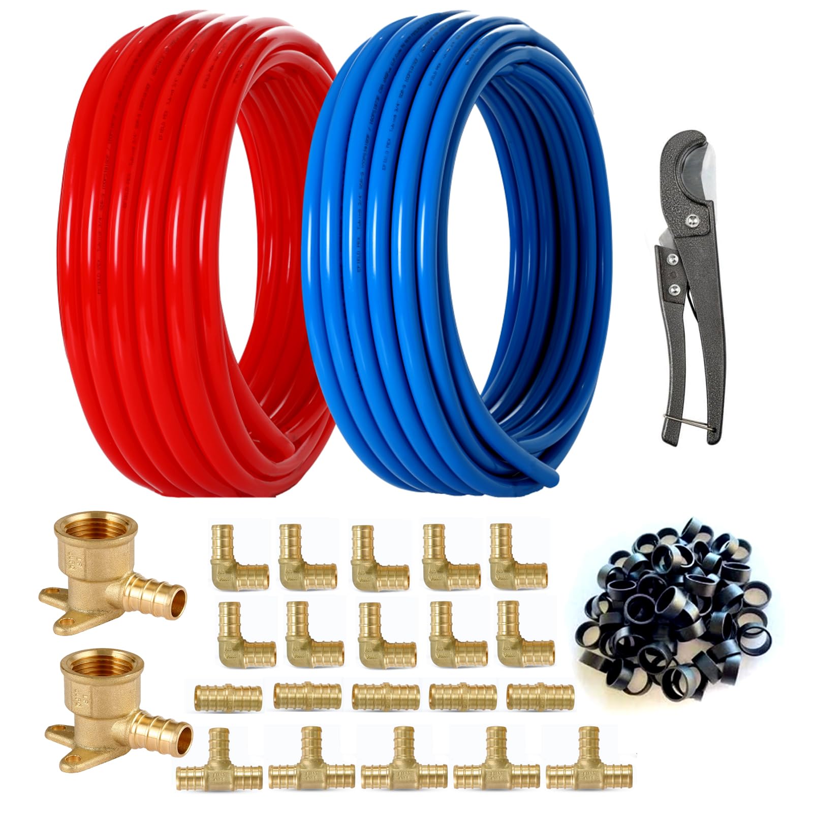 GUOFIS 1/2 Inch PEX-B Pipe/Tool Kit: Blue & Red Each 100 Feet (200 ft) PEX Tubing with 62 PACK PEX Fittings: 40 PCS Pex Copper Rings, Drop-Ear Elbow 2