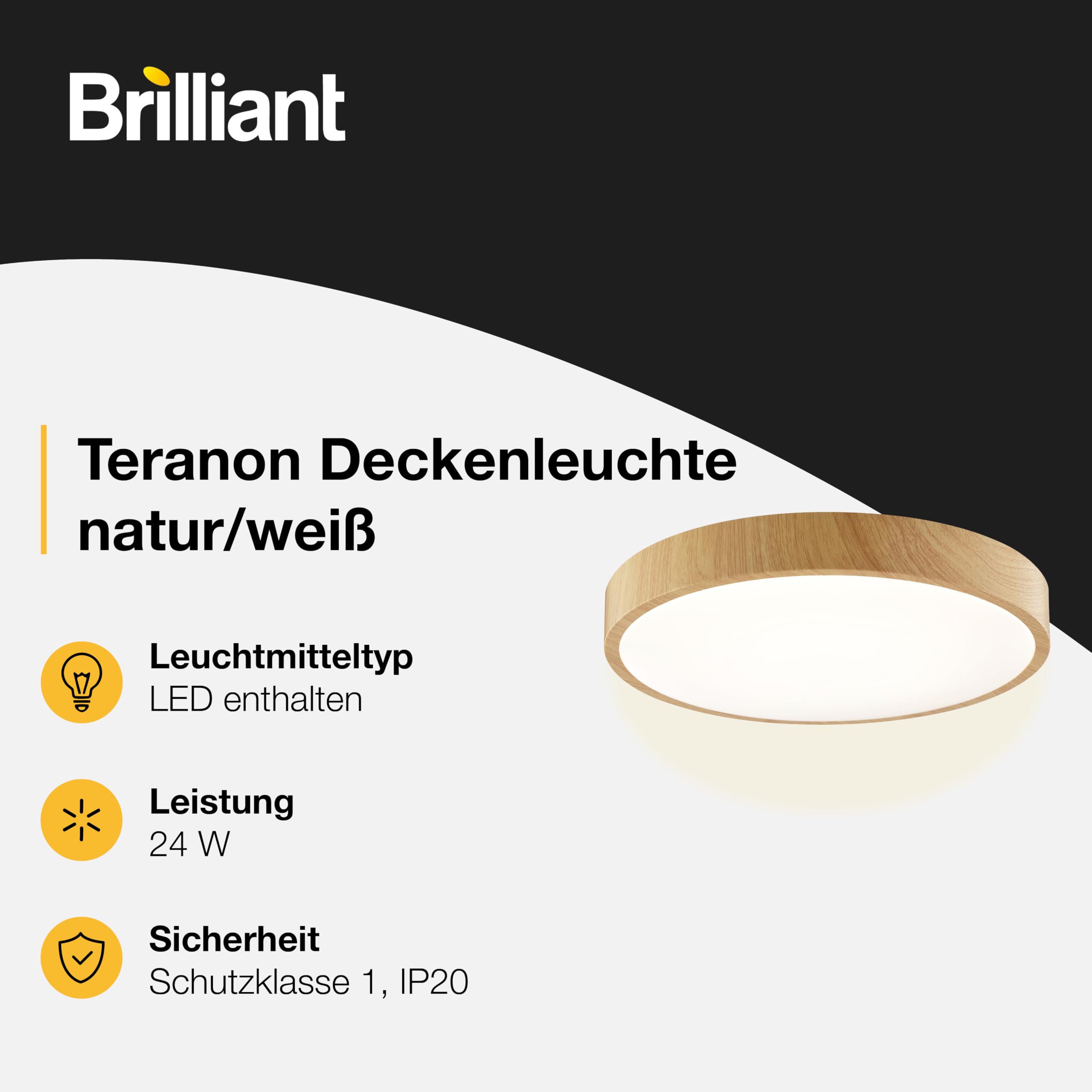 Brilliant LED Deckenleuchte Ø38,5 cm rund Holzoptik 18W Deckenlampe, 2300 Lumen, warmweiß 3000K, moderne LED Wohnraumleuchte für Wohnzimmer, Schlafzimmer & Flur