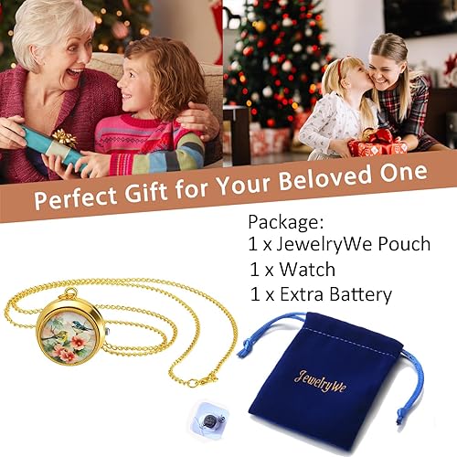 Miniatura 3 de JewelryWe Reloj de bolsillo vintage para mujer, clásico, chapado en oro, redondo, analógico, de cuarzo, collar con cadena, para Navidad