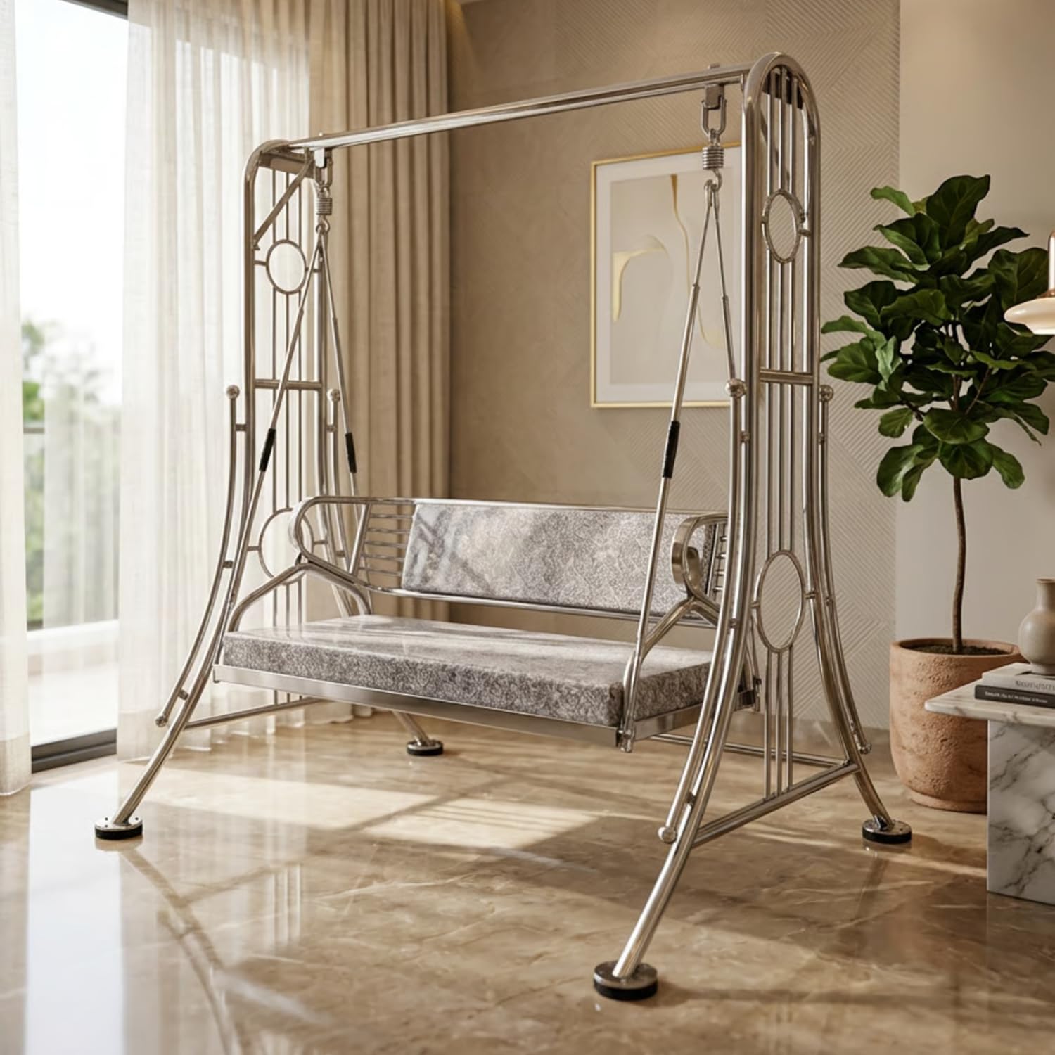 Kaushalendra Stainless Steel Indoor Swing Jhula - 2 Seater with Stand, Both Sides Usable Fix Cushion Seat, 300 Kg Capacity, 124 Centimeters/140 Centimeters-image-37