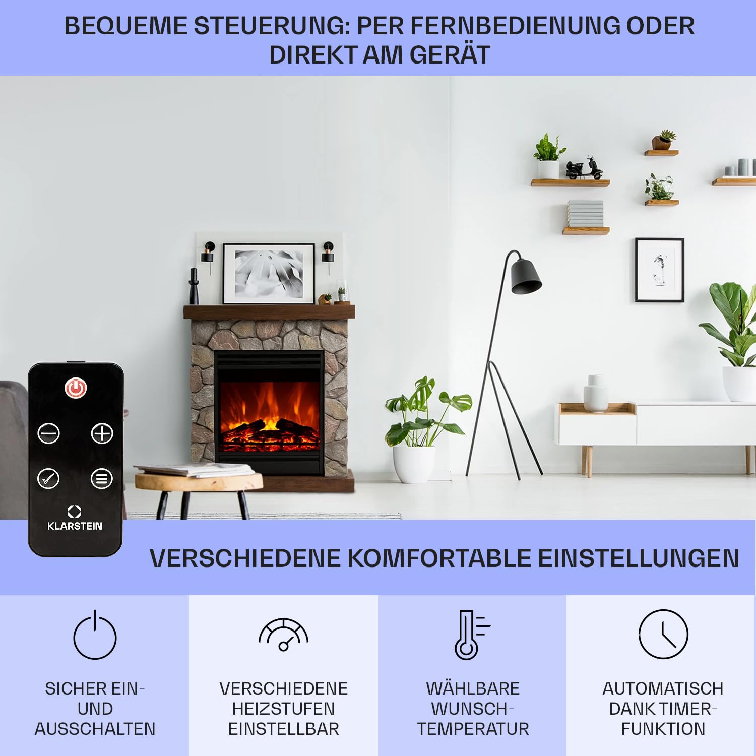 Klarstein Elektrokamin, Elektro Heizungen für Wohnzimmer & Innenräume, Elektrischer Kamin mit LED Flammen, mit Fernbedienung, Elekroofen, Automatische Temperaturregelung,1800 W