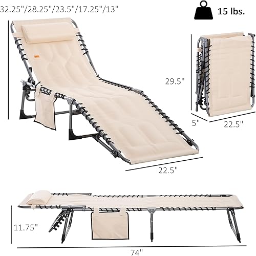 Miniatura 3 de Outsunny Tumbona plegable acolchada, silla de bronceado reclinable de 6 niveles para exteriores, con reposacabezas para playa, patio, piscina, beige
