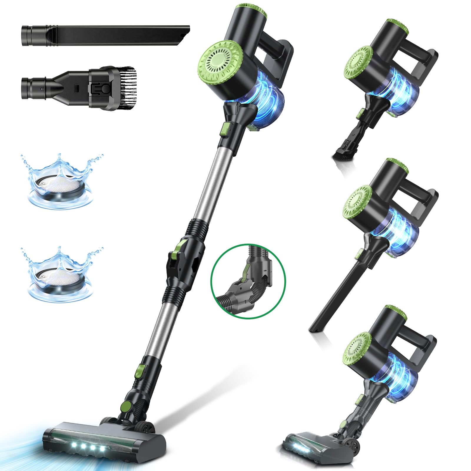 Cordless Vacuum Cleaner, 6 in 1 Lightweight Stick Vacuum Self-Standing with Powerful Suction, 180° Bendable Wand Rechargeable Cordless Vacuum for Hardwood Floor (Green)