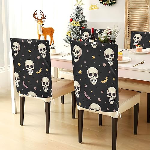 Miniatura 4 de Halloween White Skulls Yellow Stars Decorative Dorm Desk Chair Cover for Family Gatherings Washable Dining Room Chair Covers Protector para sillas