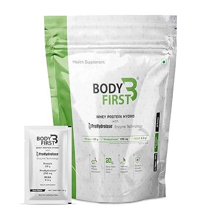 Bodyfirst Whey Protein Concentrate With Prohydrolase Digestive Enzyme Technology 23g Protein 5 3g Bcaa Kesar Badam Flavour 32 Sachets Pack 1 02kg Amazon In Health Personal Care