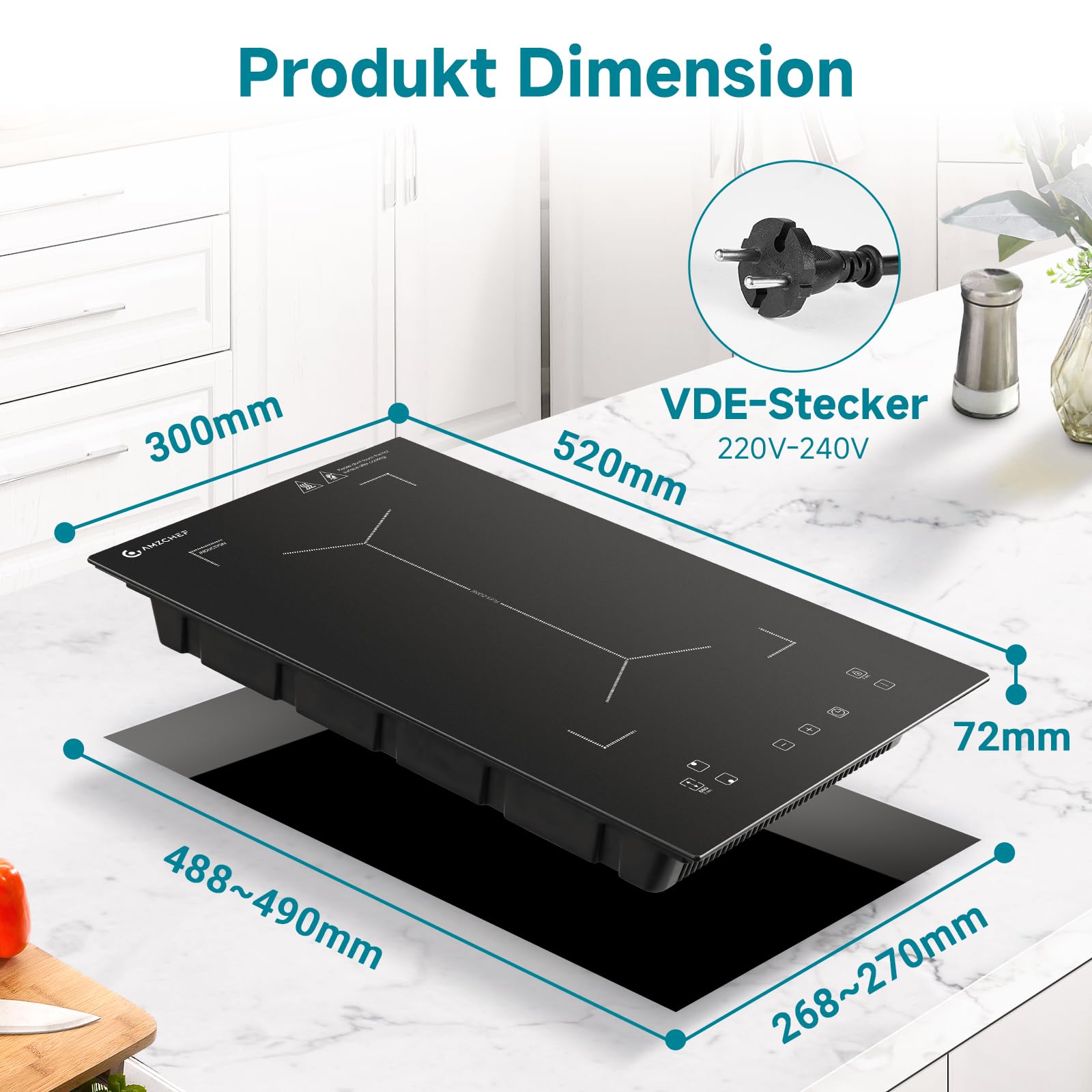 AMZCHEF Induktionskochfeld 2 Platten, Doppel Induktionskochplatte mit Flexzonen und Stecker, 10 Leistungsstufen, Sicherheitsschloss und Timer, Touch-Schieberegler,3300W,Schwarz