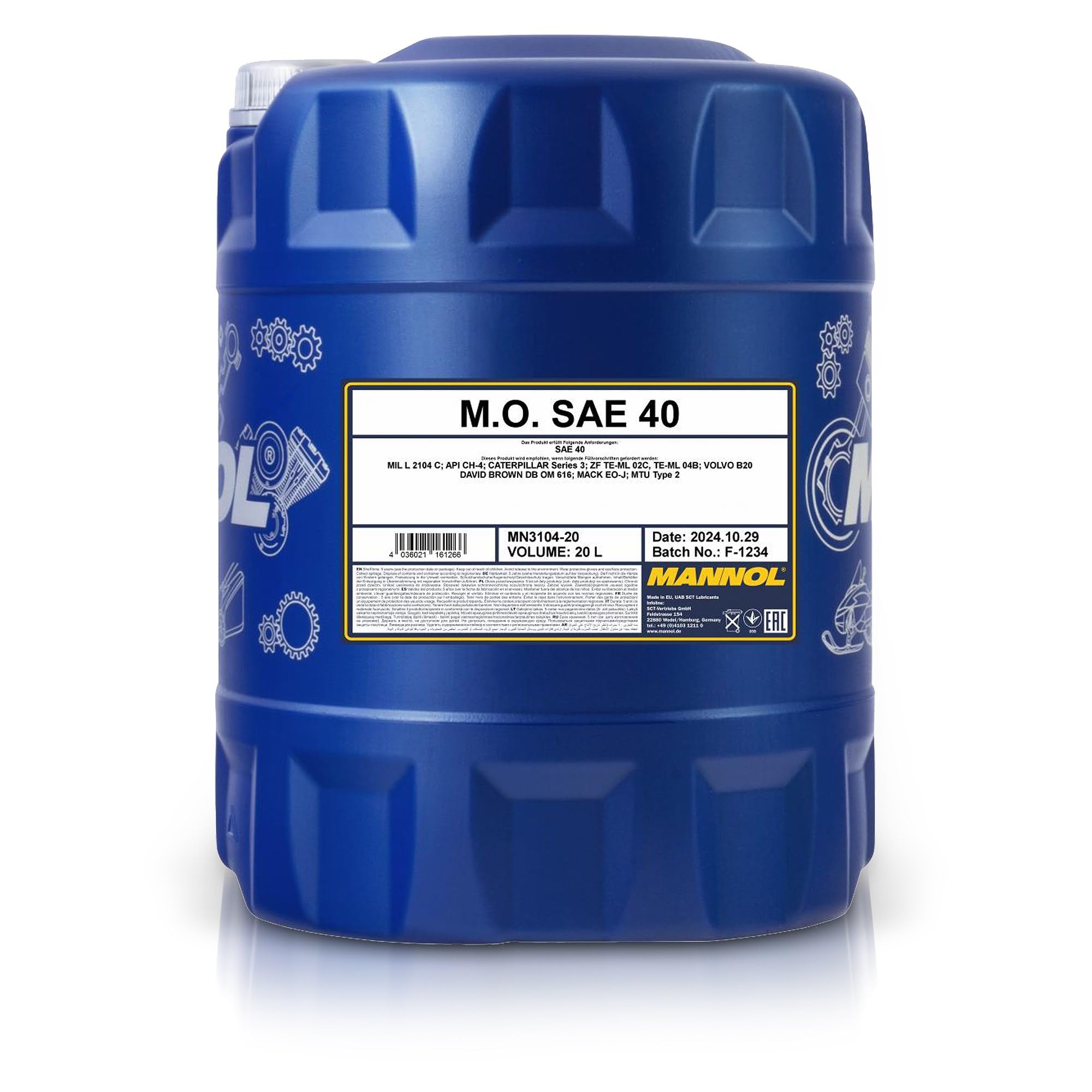 MANNOL 3104 M.O. Olio motore SAE 40 minerale per motori diesel 20L | Olio monocomando per motori diesel ad alto carico API CH-4, MIL L 2104 C, per Volvo e Caterpillar, basso consumo di olio