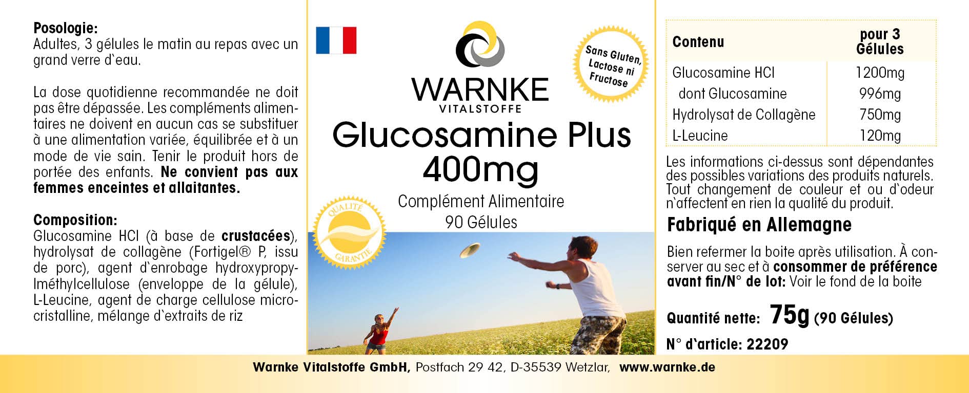 Glucosamine Plus 400mg - avec 1200mg de Glucosamine par dose journalière - 90 gélules - Avec Collagène | Warnke Vitalstoffe - Qualité des pharmacies allemandes (Lot de 3)