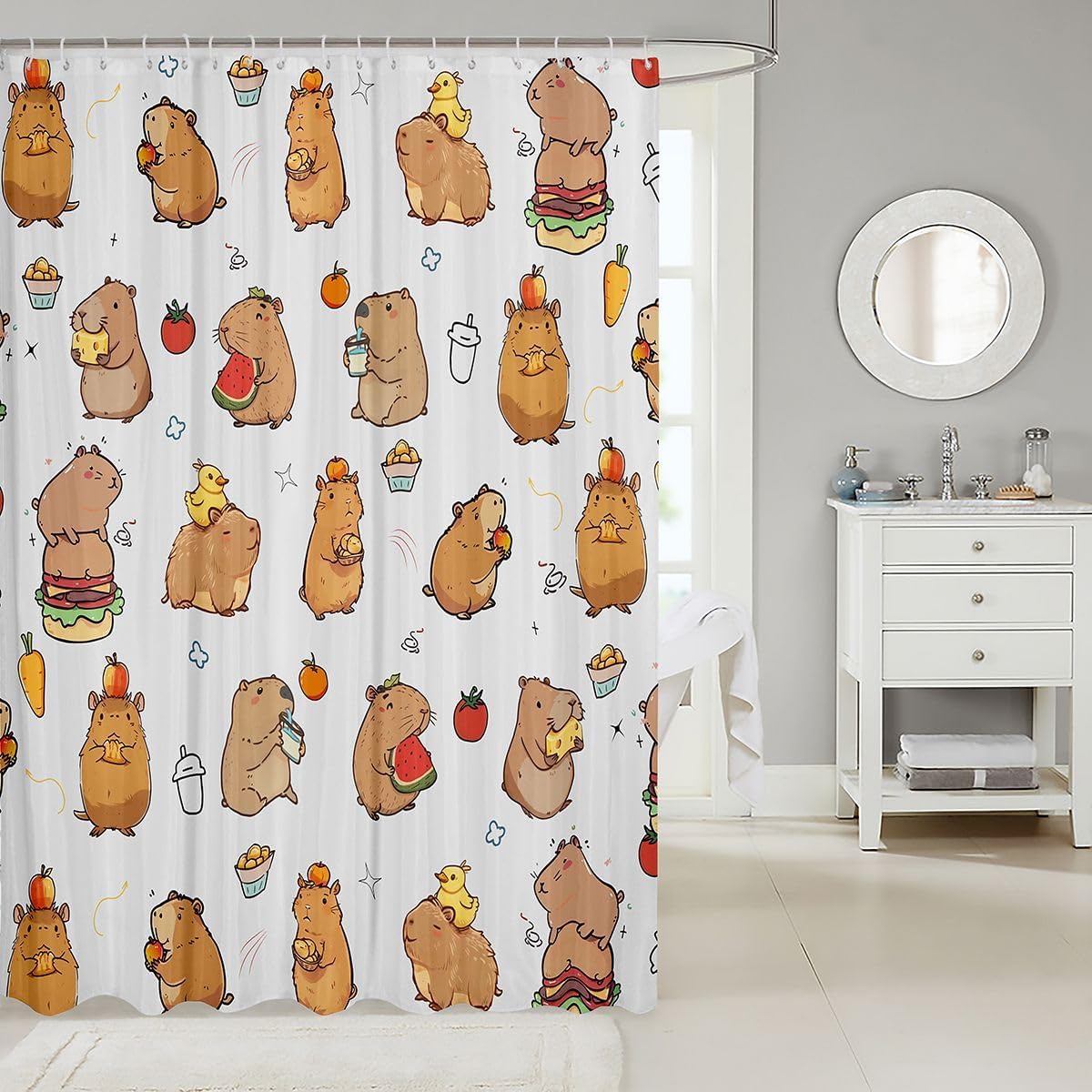 Erosebridal Cute Capybara Bathroom Curtain Cartoon Rodent Animals Shower Curtain 72" W X 84" L Watermelon Burger Cheese Bathroom Accessories for Kids Adults Colorful Fruit Fabric Shower Curtains image 2
