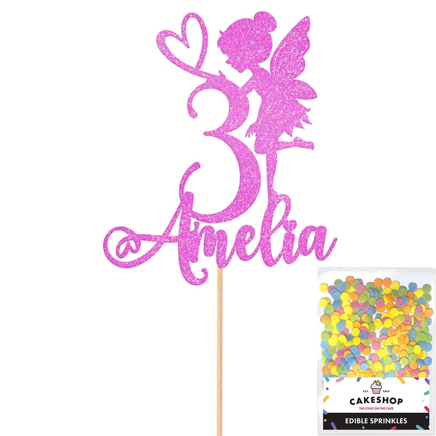 Personalised Fairy Gltter Cake Topper- Light Pink Any Custom Name & Age Glitter Cake Decoration and Sprinkles - Happy Birthday Decorations - Personalised Toppers for Cakes by Cakeshop — image 1