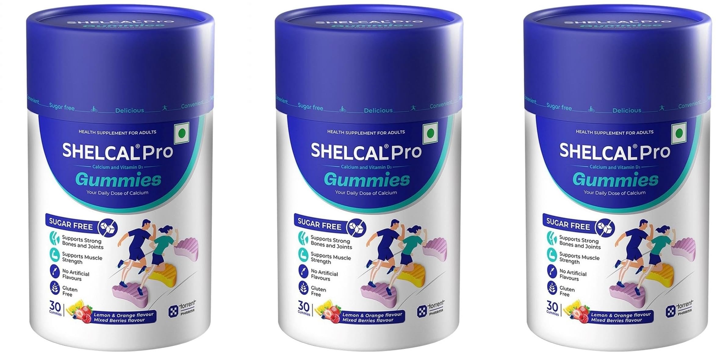 Torrent Shelcal Pro Calcium&Vitamin D3 Sugar Free Gummies|Supports Strong Bones&Joint| Lemon&Orange&Mixed Berries Flavours(30 Gummies)X Pack Of 3