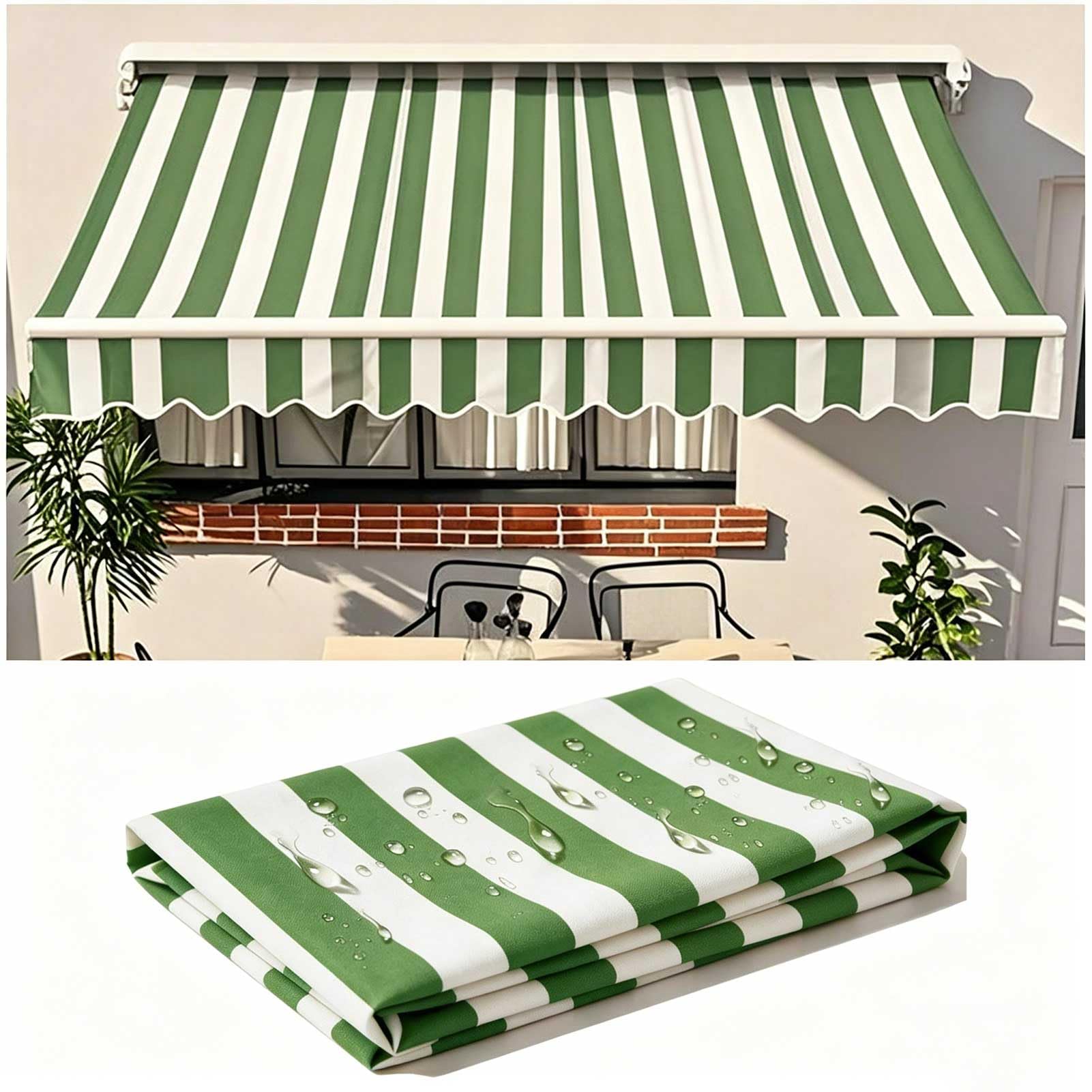 Manual Awning Replacement Fabric Retractable 2.5x5m Outdoor Patio Garden 100% Polyester Canopy, Cover, Sun Shade, Shelter for Yard, Deck, Balcony, Light Green White Stripes — image 1