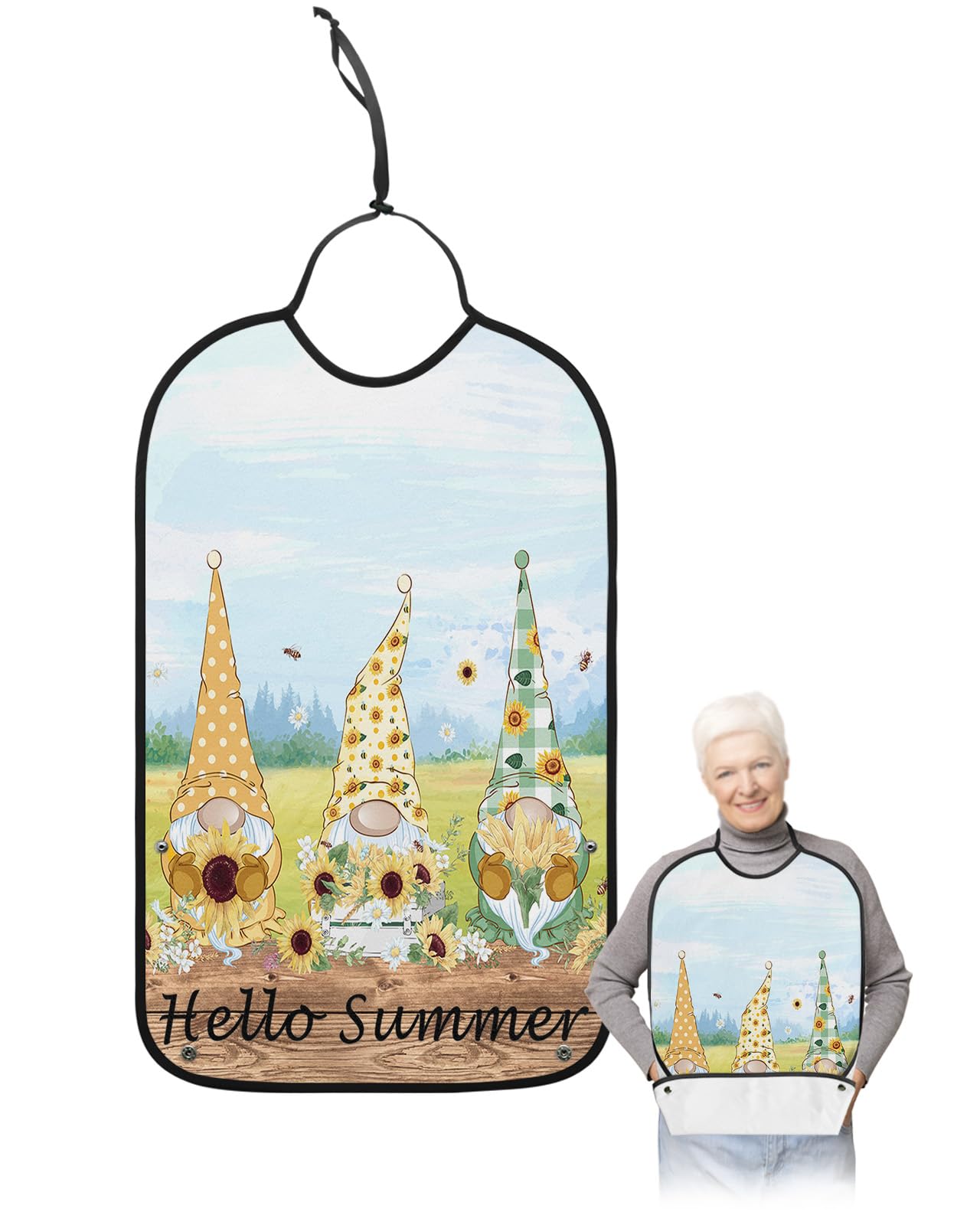 LEOKOTI Sunflower Gnomes Adult Bibs for Eating, Waterproof Bibs with Food Catcher & Adjustable Snap Closure, Hello Summer Floral Farmhouse Washable Clothing Protectors Adult Bibs for Elderly Women/Men
