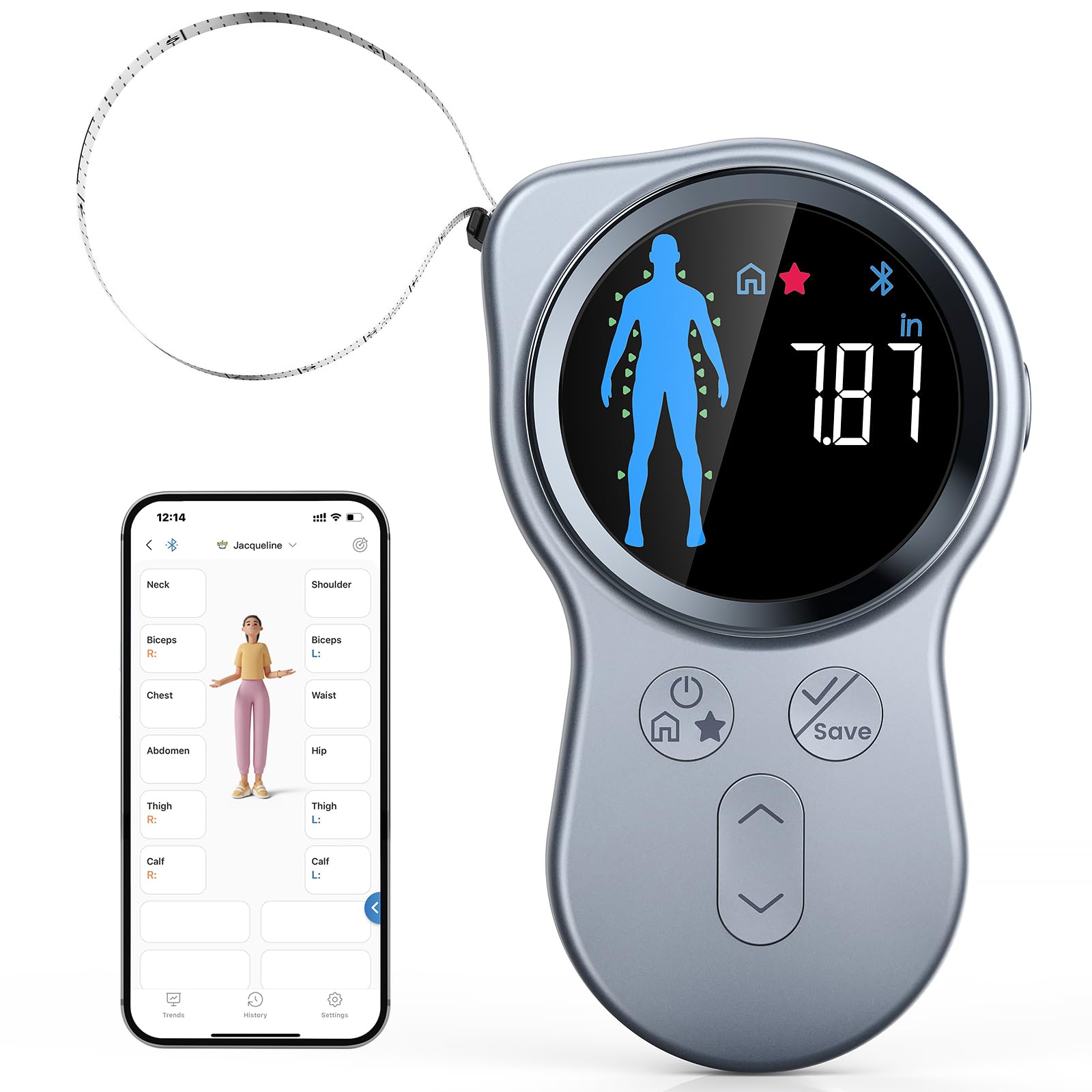RENPHO Smart Body Tape Measure+, cinta métrica inteligente corporal, cinta métrica mejorada para pérdida de peso, ganancia muscular, fisicoculturismo, cinta digital inteligente en pulgadas y cm