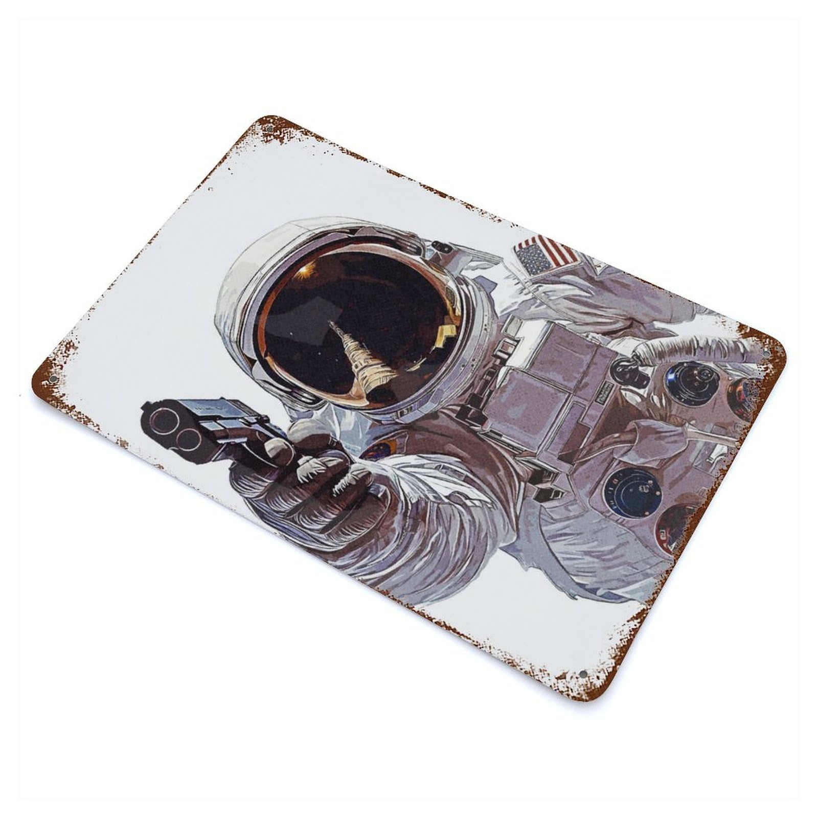 Garage Style Astronaut Holding A Gun Vintage Rust Metal Sign 11.8"x7.9", Industrial Home Decor for Bar And Workshop
