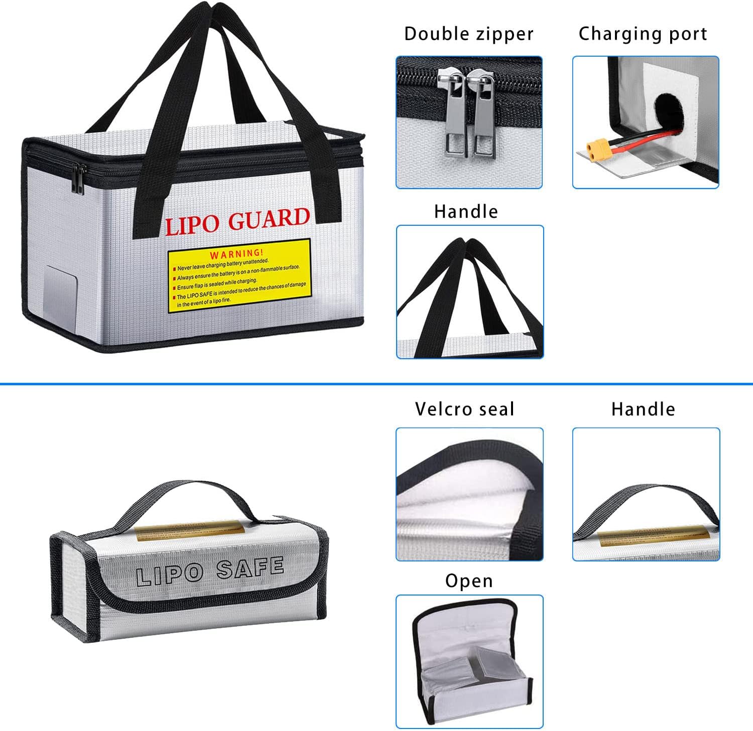 260 * 130 * 150mm +185 * 75 * 60mm Lipo Battery Safe Bag Fireproof Explosionproof for Lipo Battery Storage and Charging Home Office Travel Fireproof Safe Storage Pouch image 3