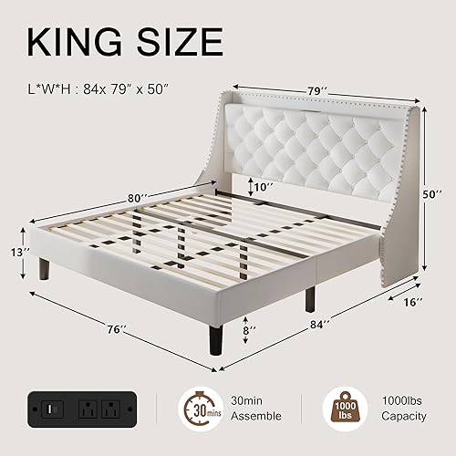 Miniatura 65 de Base de cama tamaño Queen con cabecero de almacenamiento capitoné con botones en la parte trasera y puertos tipo CA, plataforma tapizada, soporte de