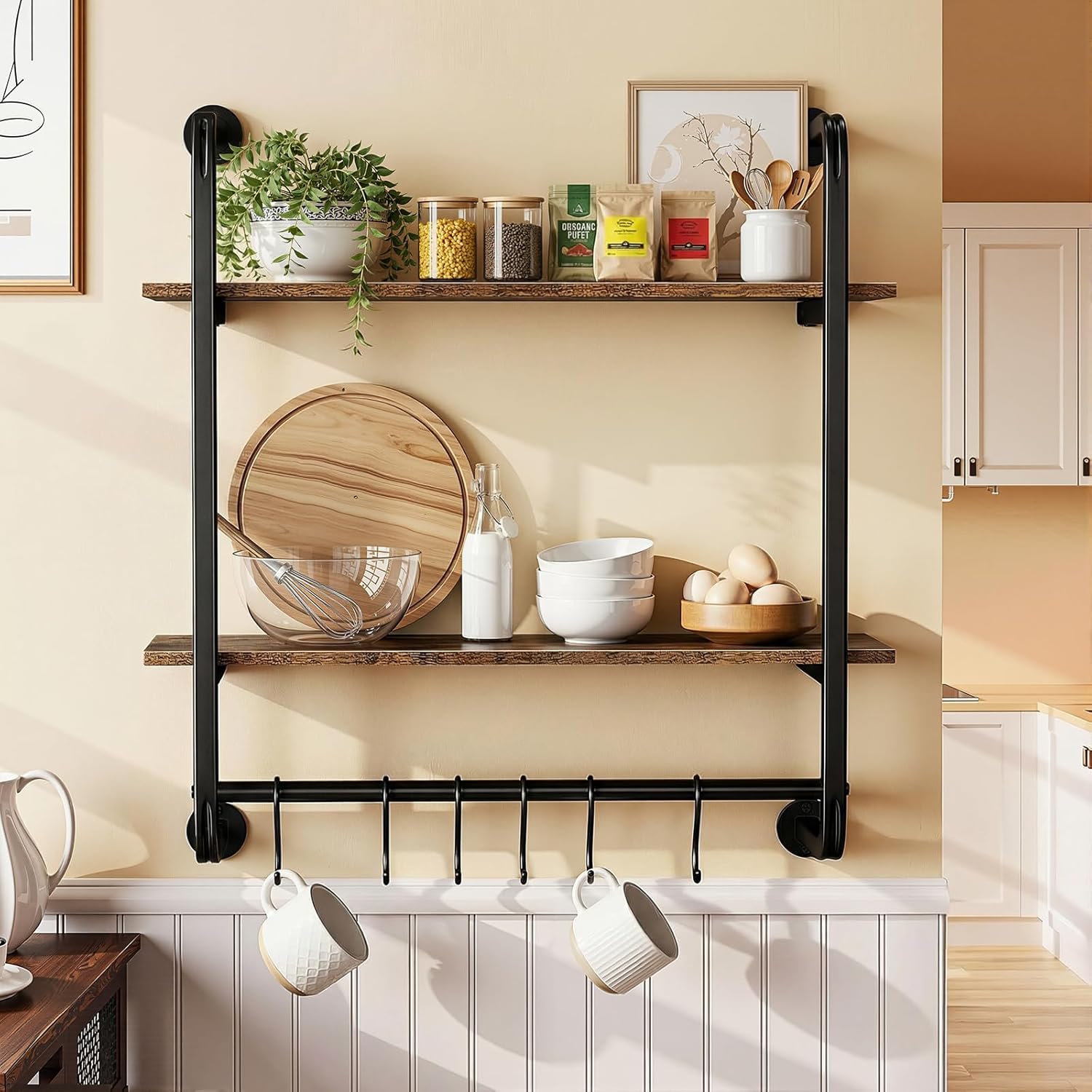 2 Tier Industrial Pipe Floating Shelf, 24" Kitchen Wall Shelves with Towel Bar & 6 Hooks, Coffee Bar Shelves Display Bookshelf Wall Shelf for Kitchen, Bathroom, Home Décor, Rustic Brown