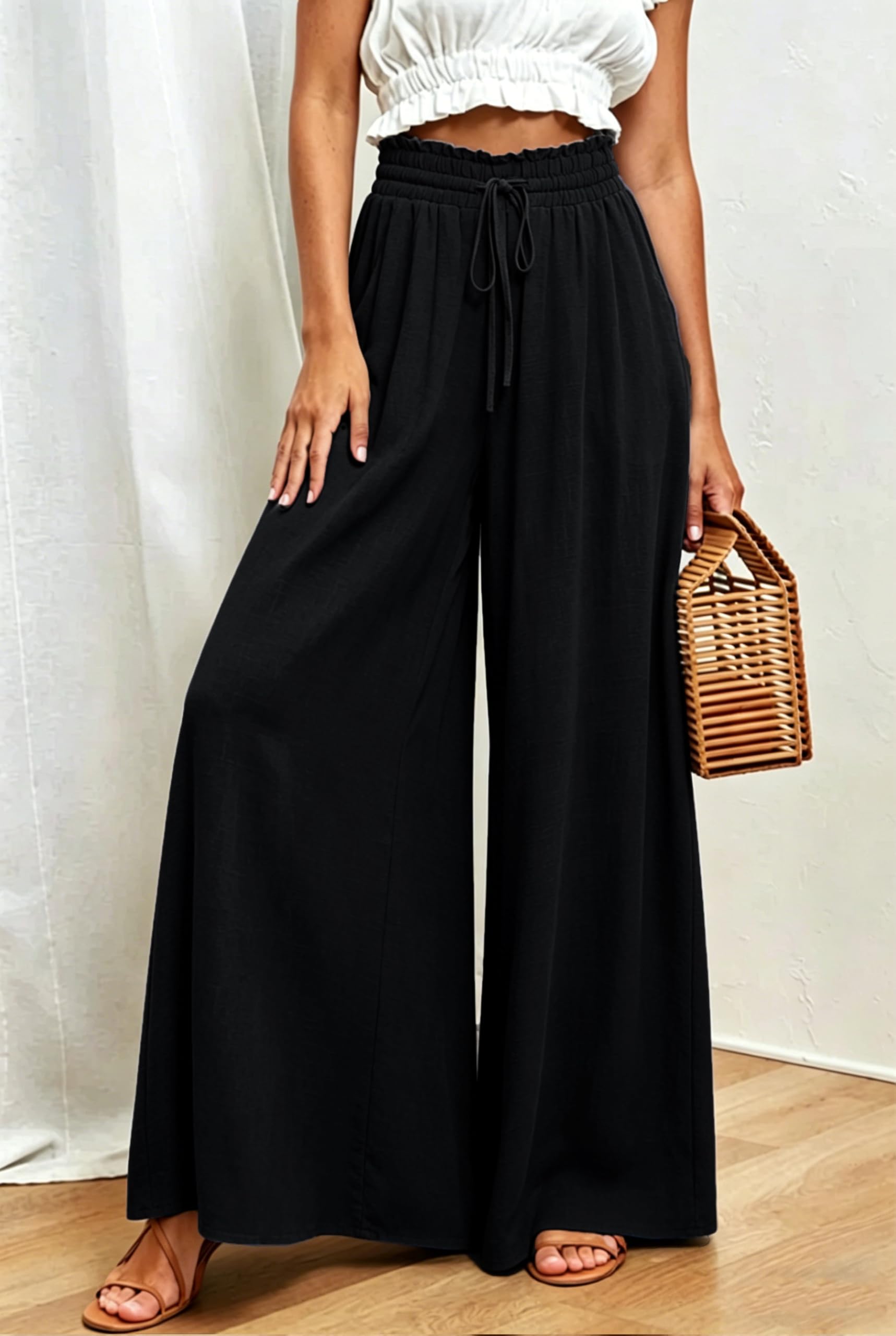 Pantaloni a Gamba Larga Donna Estivi Vita Alta Leggero Motivi Eleganti in Tessuto Pantaloni con Tasche Casual Pantaloni Boho Beach Larghi Leggeri