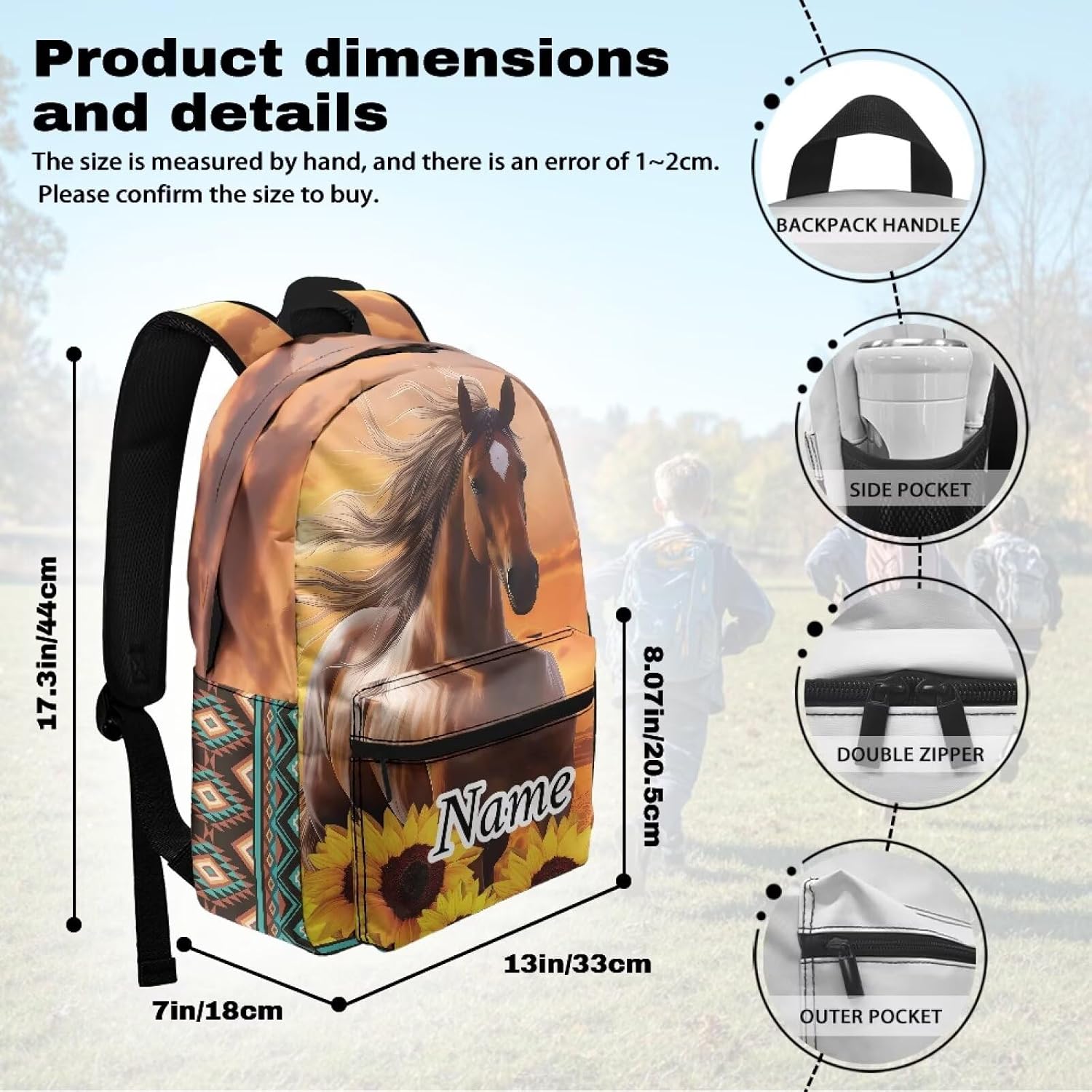 Customized Kids Backpack Girls Toddler Girls Horse Backpack for School Age 5 Custom Name Students Sunflower Back Pack Travel Knapsack Daypack