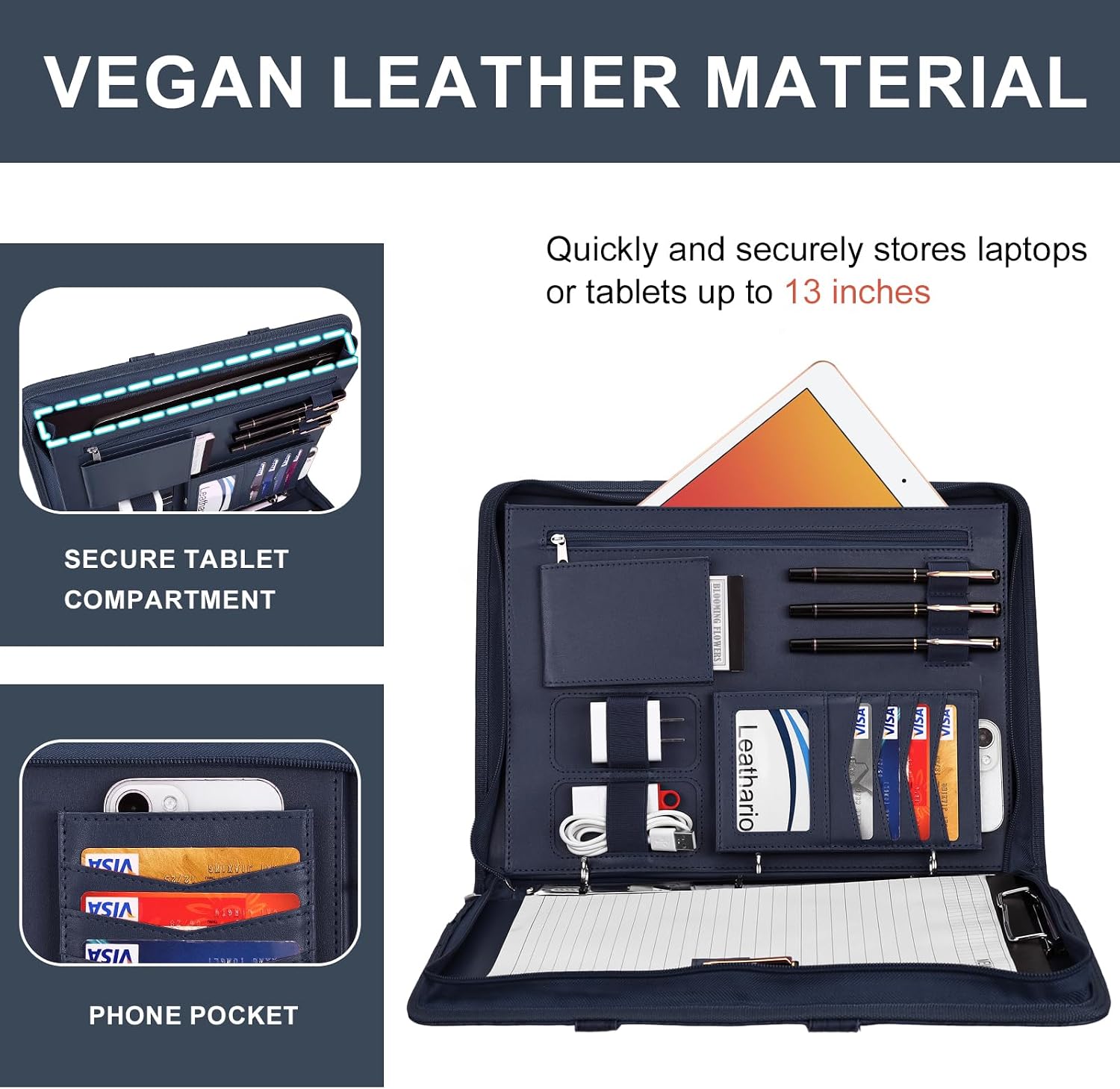 Leathario Portfolio Binder, Includes 5 Folder Index Dividers, 13 Inch Tablets Organizer with Handle, Vegan Leather A4 Padfolio, Multi-Pocket Notepad Business Planner Professional Document