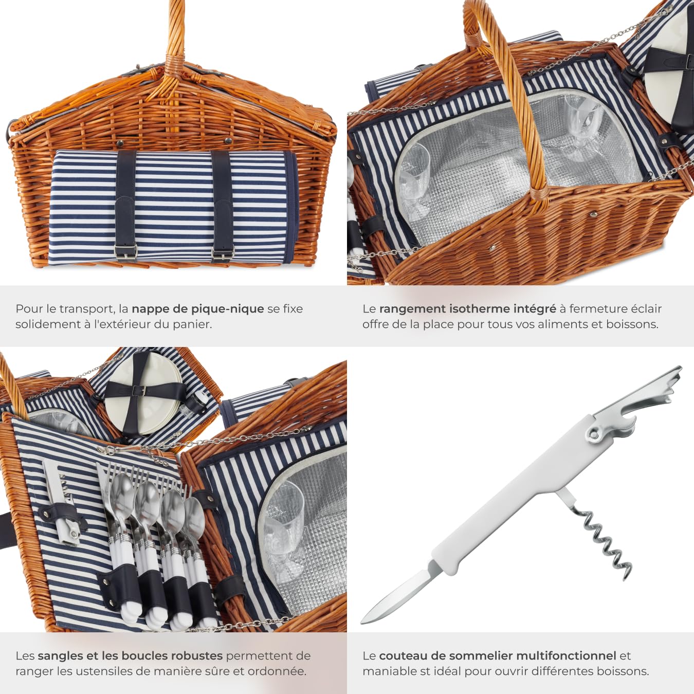 tectake® Panier en osier avec couvercle pique nique Set complet 4 pers. avec Nappe Assiettes Couverts Tire bouchon Verres à vin incassables Sac isotherme salière et poivrière pour Jardin camping plage