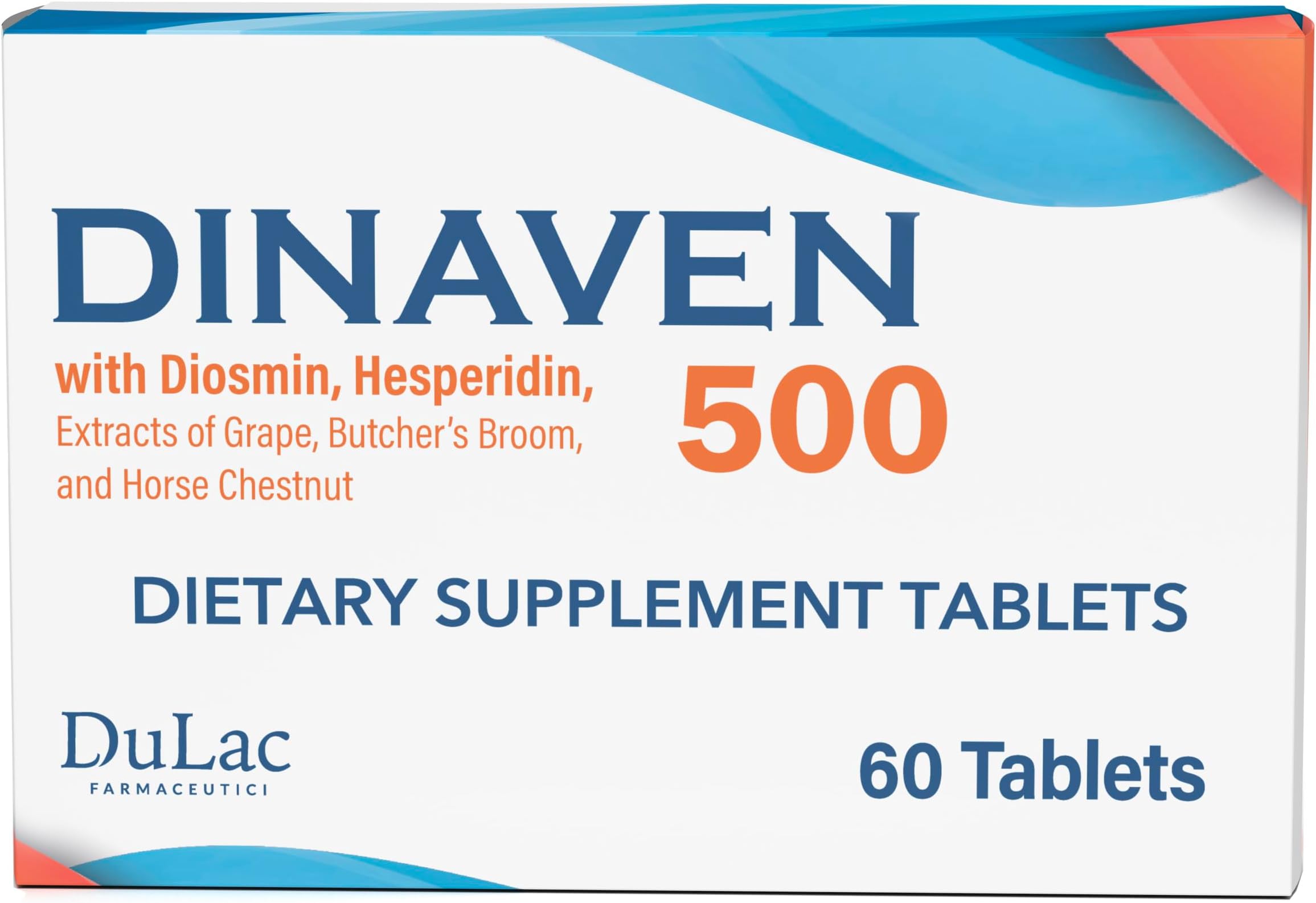 Dulac Dinaven 500, Micronized Diosmin Hesperidin Dietary Supplement 1000mg per serving, Horse Chestnut Extract, Butcher’s Broom & Red Grape Extract, Leg Circulation Support, 60 Tablets, Made in Italy
