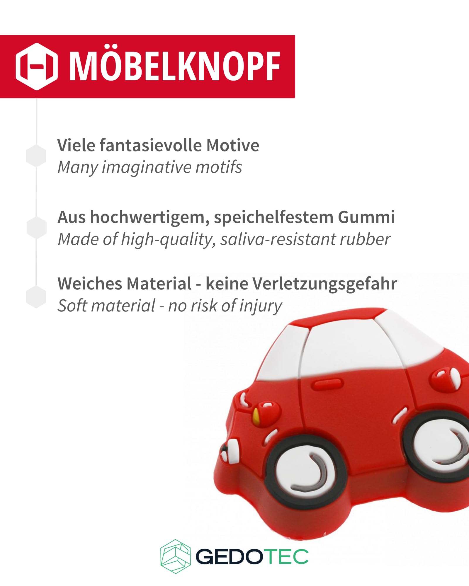 Gedotec Poignées de meubles en caoutchouc pour enfants | Voiture | 1 pièce - Poignées de meubles pour enfants | KID | Bouton de tiroir élastique - caoutchouc résistant à la salive | Bouton de meuble