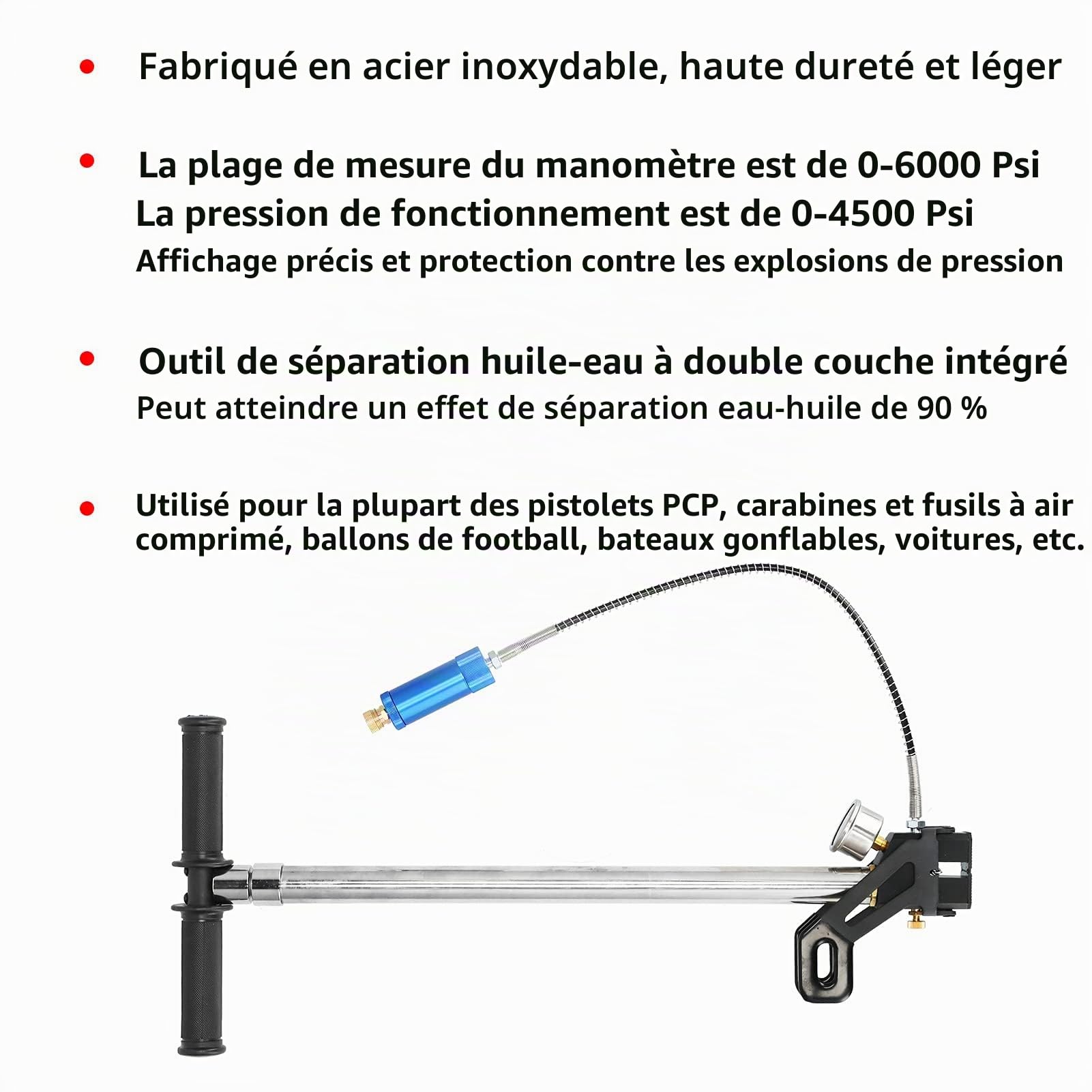 Pompe à Haute Pression à 4 étages, Pompes à Main PCP à économie de Main-d'œuvre Bon filtrage en Acier Inoxydable 4500 psi léger avec manomètre pour gonflables pour Matelas pneumatique