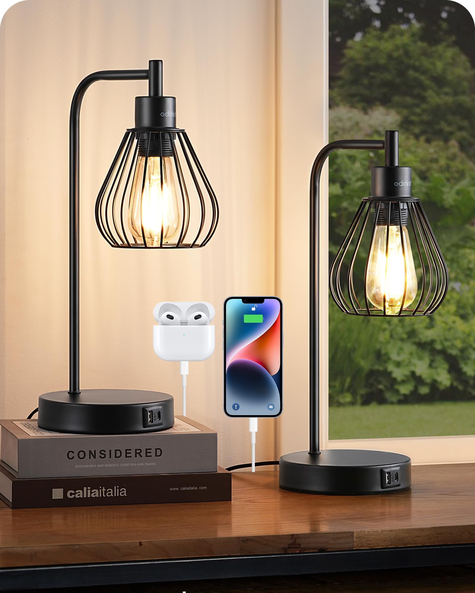 EDISHINE Lámpara de mesa Touch Dimmable Industrial Set de 2, lámpara de mesilla de noche con 2 puertos USB, E27 lámpara de escritorio vintage industrial para sala de estar, oficina, negro