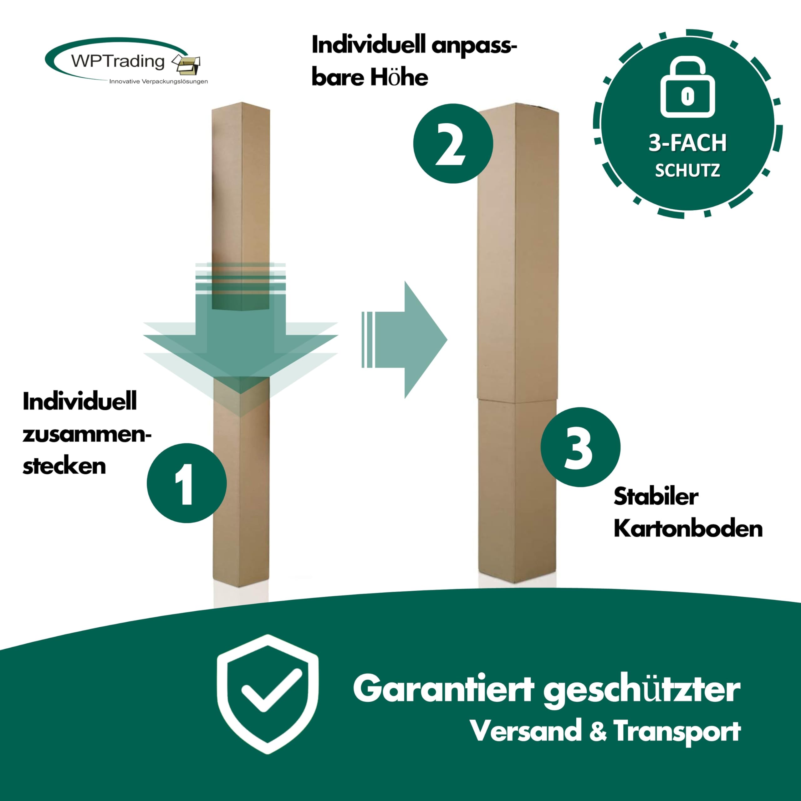 10 Stück Teleskop-Karton zweiteilig 300 x 300 x 1100 mm Braun - Versandhülse lang - Versandkarton individuell erweiterbar - Versand Verpackung für Sonnenschirm, Teppich, Golfschläger & Ski