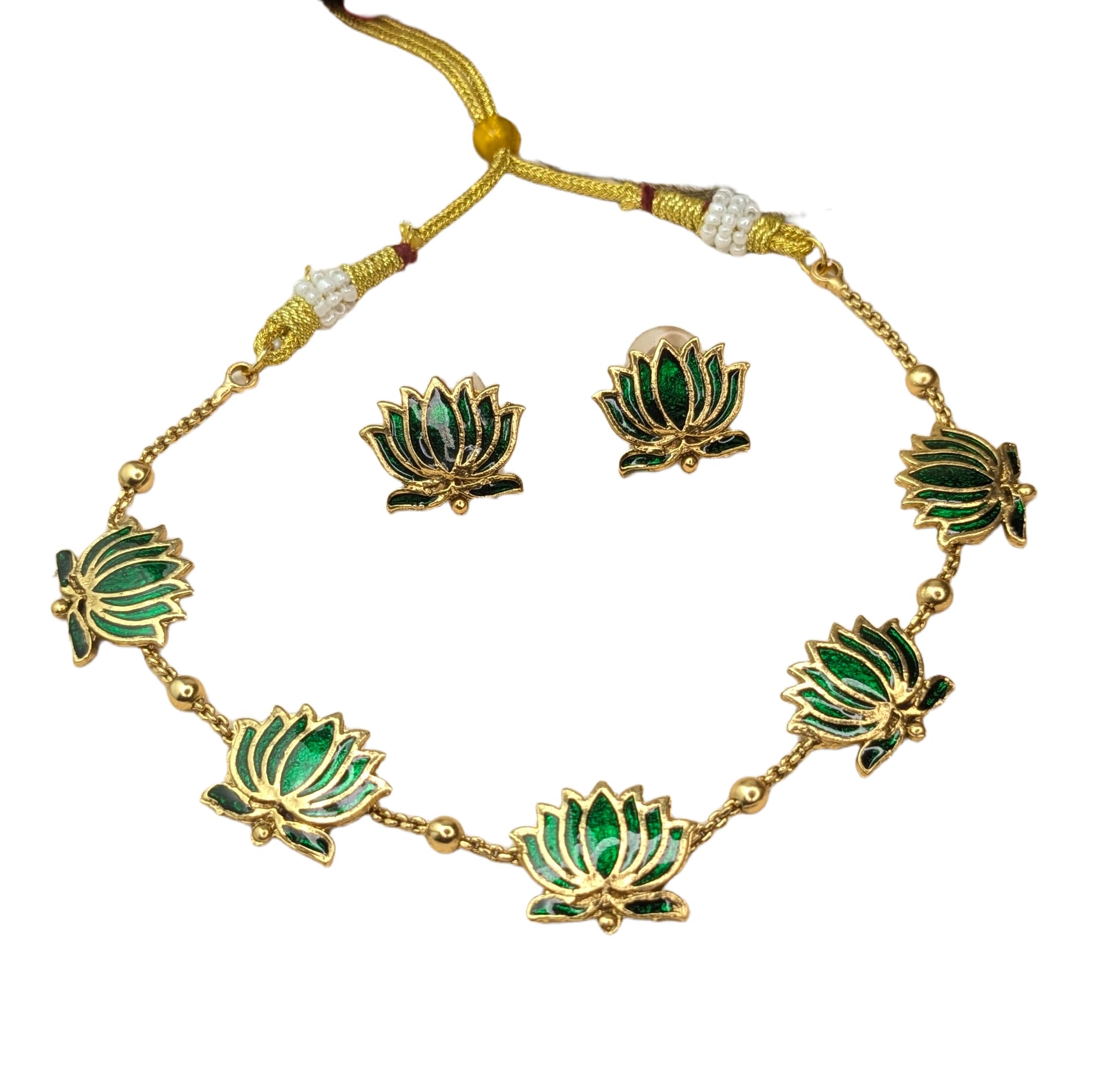 Lotus Flower Jewellery Set with Necklace and Earrings, Gold-Plated, Enamel Work | Choker with Matching Earrings | Gold Plated Temple Ethnic Jewellery