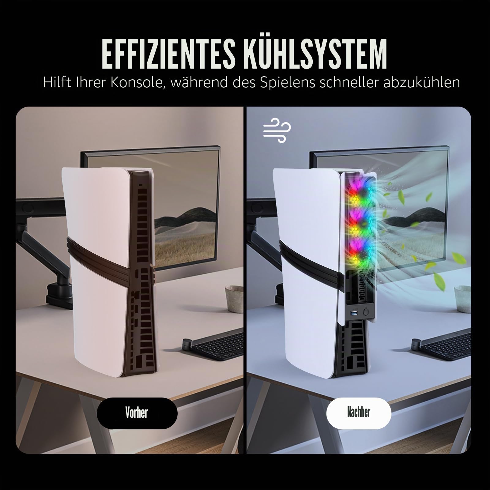 Lüfter für PS5 Pro/schlanke Konsole – Hochgeschwindigkeitskühlung mit automatischer Temperaturregelung, geräuscharm, RGB-Beleuchtung und USB-3.0-Anschluss für Gamer und
