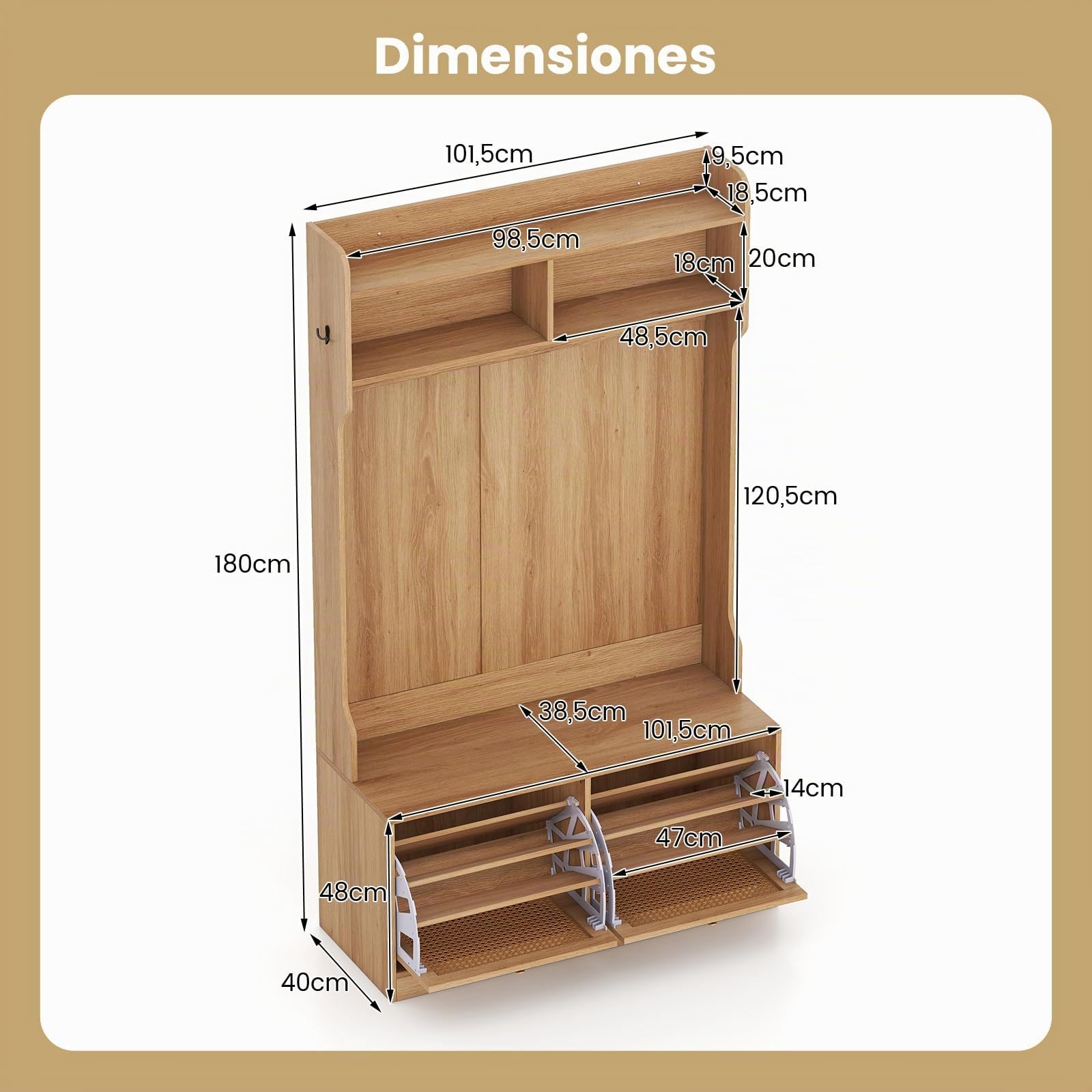 COSTWAY Perchero Zapatero 4 en 1, Muebles de Entrada Recibidor con 2 Cajones Abatibles, Ganchos Duales, Estantes, 101,5 x 40 x 180 cm, Entrada Salon Pasillo