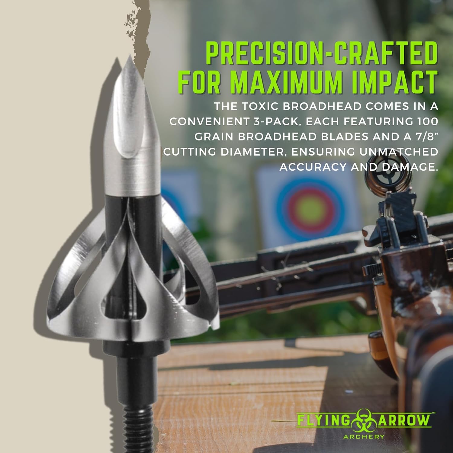 Flying Arrow Toxic Broadheads 100 Grain | 7/8” Cutting Diameter | Black Crossbow Broadheads 100 Grain OR Silver Compound Bow Broadheads 100 Grain | Coring Style Head | Chisel Tip | 3 Pack