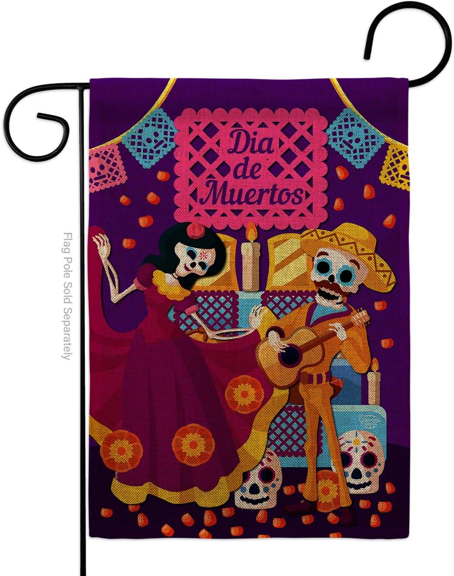 Happy Di de Muertos Burlap Burlap Garden Flag Falltime Day of Dead Dia Los Fiesta Mexican Party Autumntime Small Decorative Gift Yard House Banner Double-Sided Made In USA 13 X 18.5